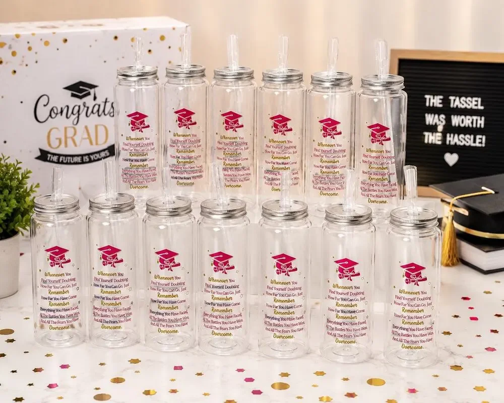 Graduation Tumblers (12) w/Lids & Straws 13.5 oz Reusable Party Cups